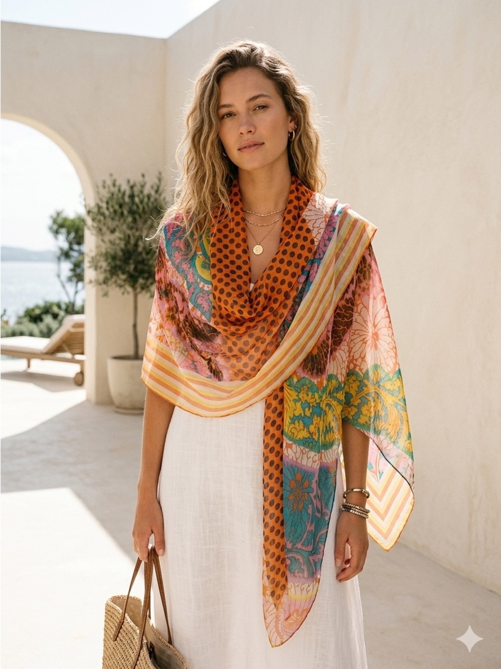 Tilo Multicolor Floral / Polka Dot / Stripe Mixed Print Silk Wrap Scarf / Sarong